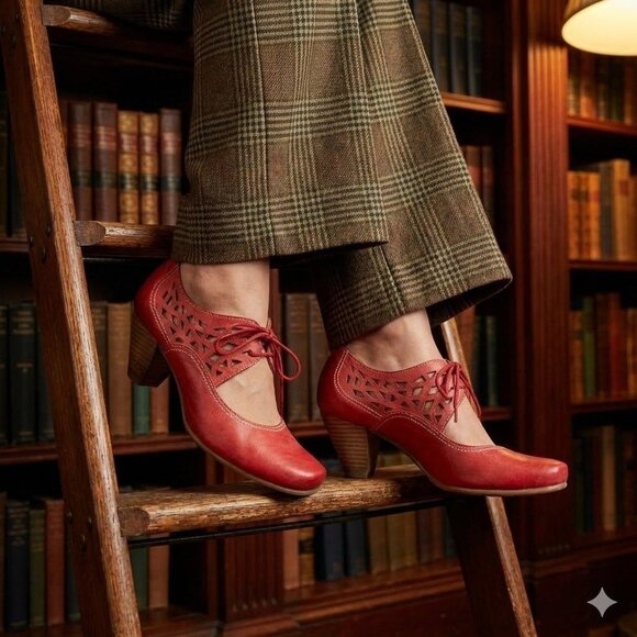 Fidji Shoes - Fidji Red Leather Lace Up Heels Laser Cut Geometric Cutout Retro Art to Wear 37